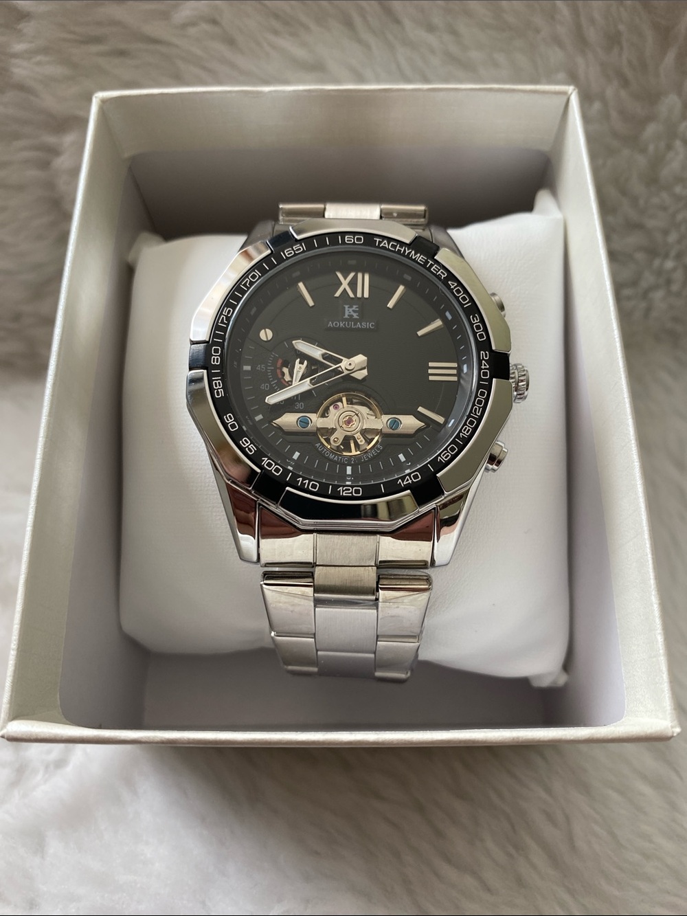 Men's Automatic Silver Stainless Steel Watch with Black Dial